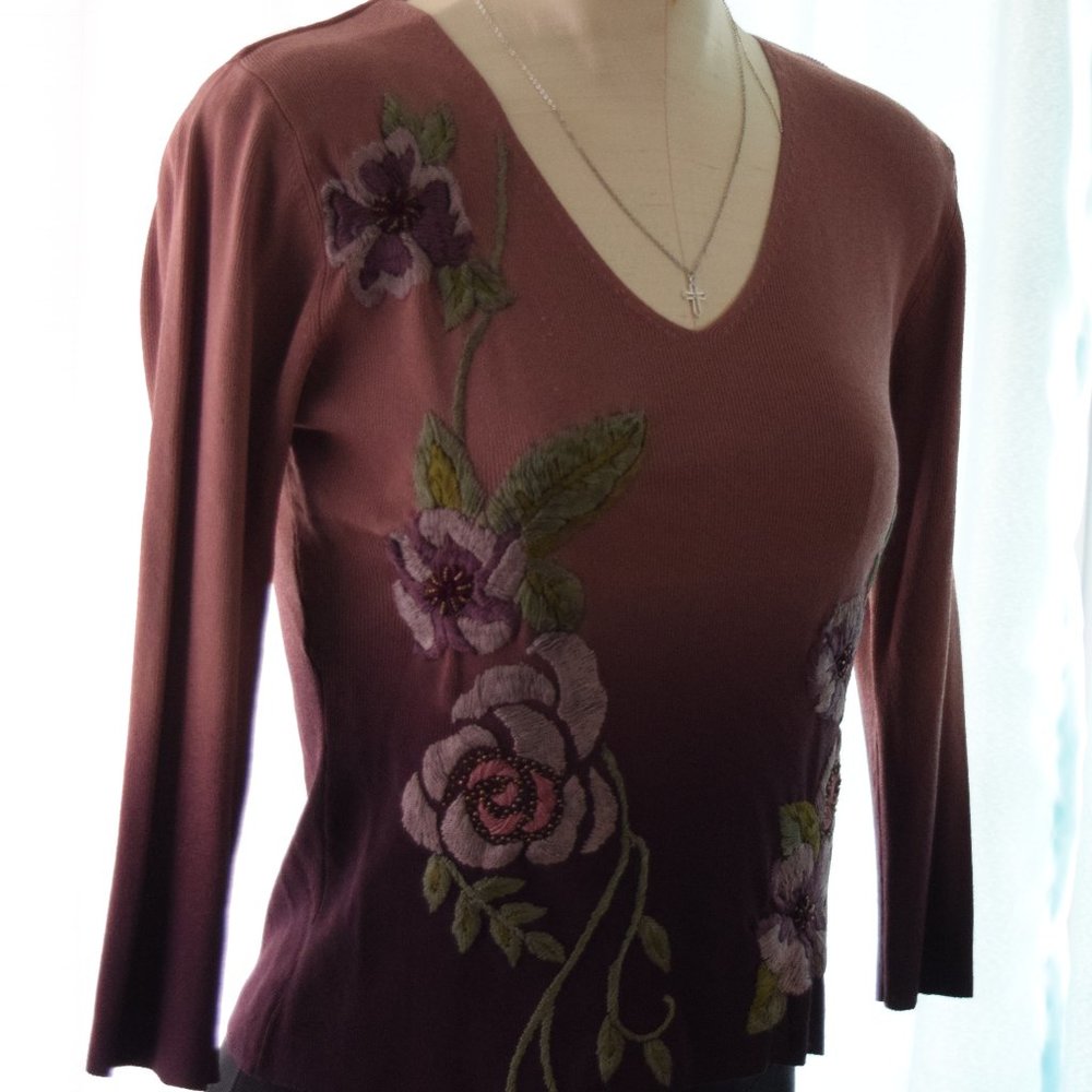 Michelle Nicole Floral Embroidered Top Maroon Ombr